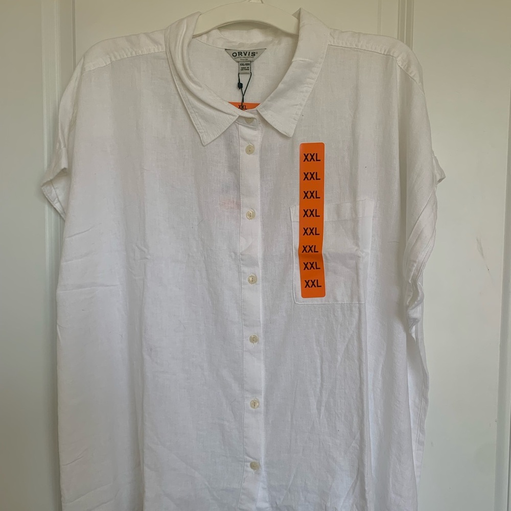 Orvis Linen Rayon white top with cuffed sleeve